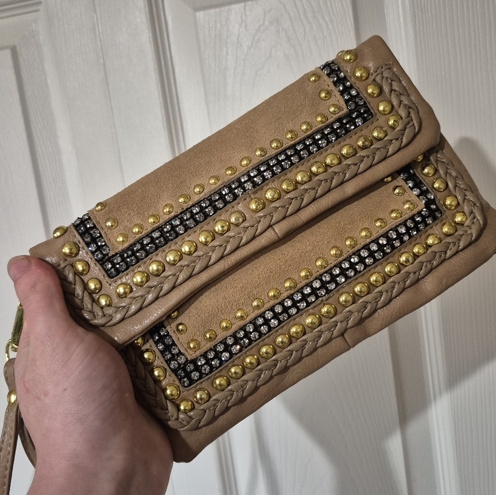 Cache Tan Leather Gold Beaded Rhinestone Wristlet - Picture 14 of 14